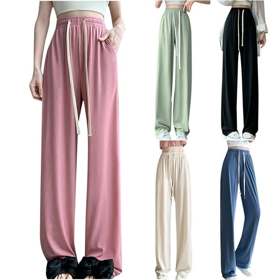 Kmdttou Fashionable Women's High Waisted Wide Leg Pants Solid Color Straight Tube Loose Casual Pants Long Pants
