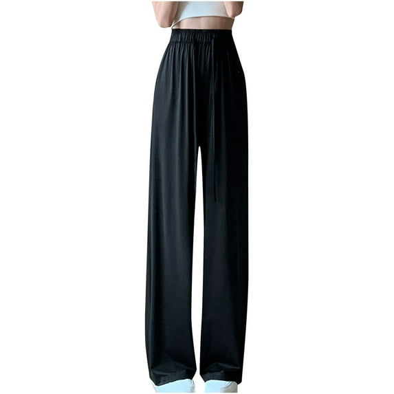 Kmdttou Fashionable Women's High Waisted Wide Leg Pants Solid Color Straight Tube Loose Casual Pants Long Pants