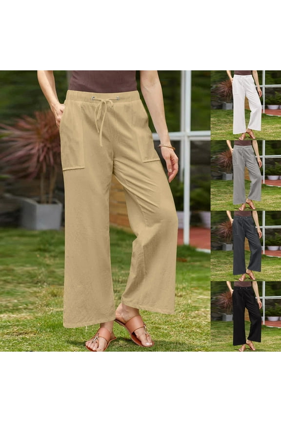 Linen Pants for Women Wide Leg Capris Pants Spring Solid Color Lace-Up With Cotton And Linen All Straight Leg Casual Pants