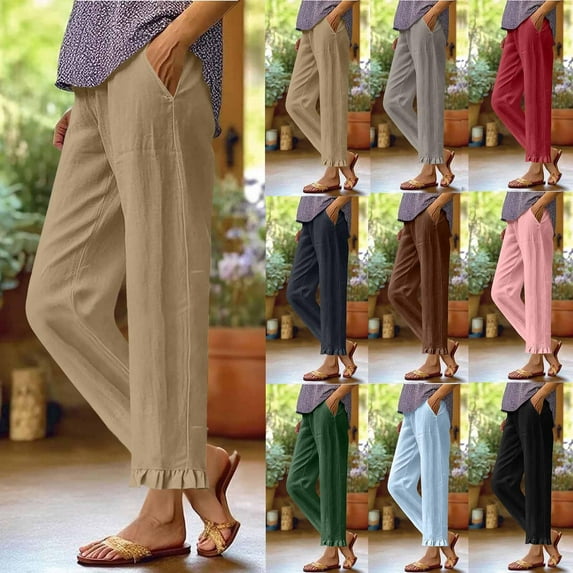 Kmdttou Linen Pants for Women Wide Leg Capris Pants Woman Fashion Solid Color Ruffle Elastic Waist High Waist Long Pants