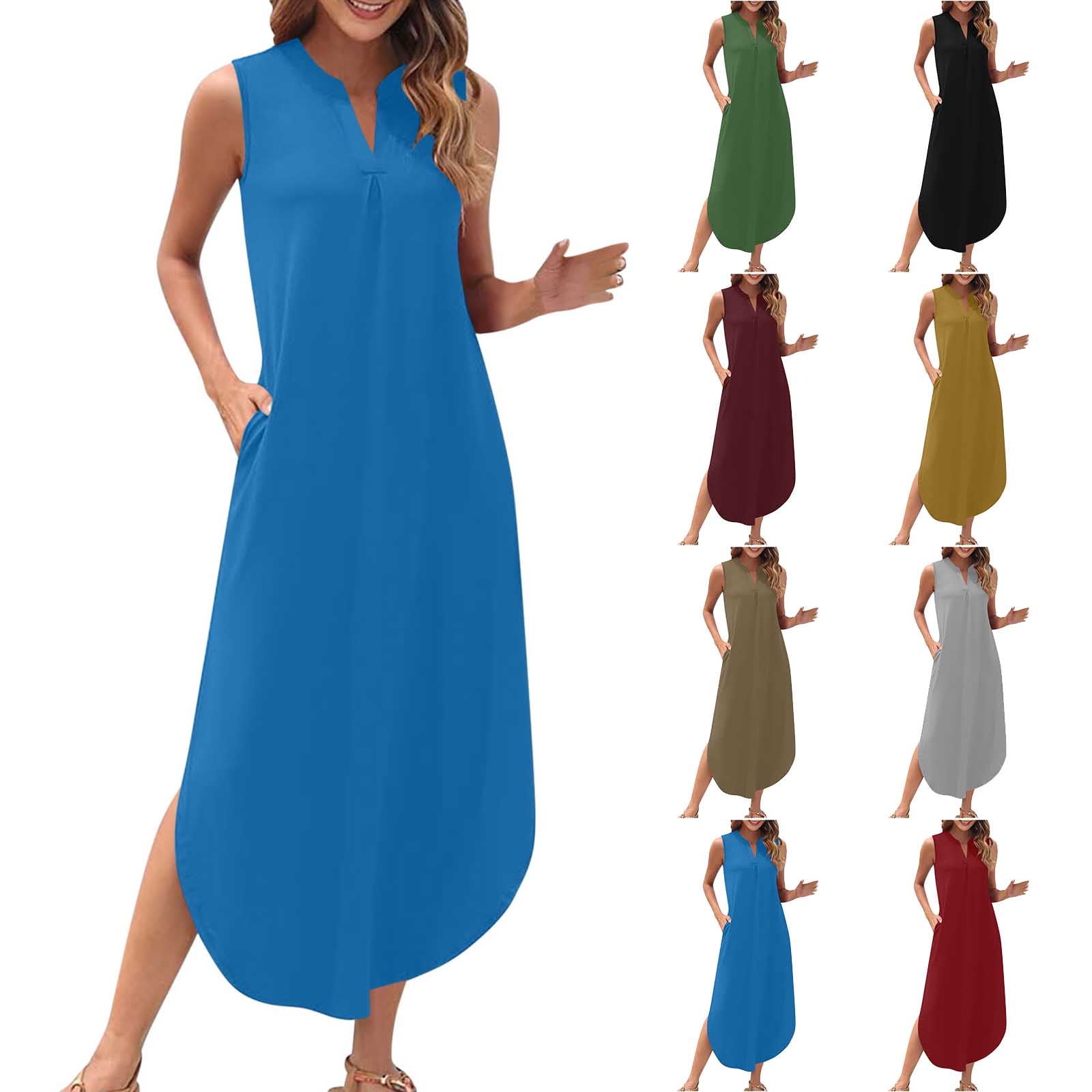 Kmdttou Maxi Dresses for Seniors Women Solid Summer Dress Maxi Casual ...
