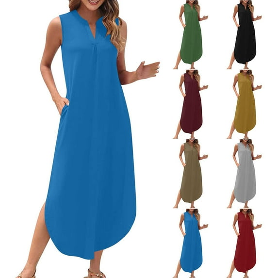 Kmdttou Maxi Dresses for Seniors Women Solid Summer Dress Maxi Casual Loose Beach Sundresses V Neck Sleeveless Dresses With Pockets Beach Sundress with Pockets Gift for Women
