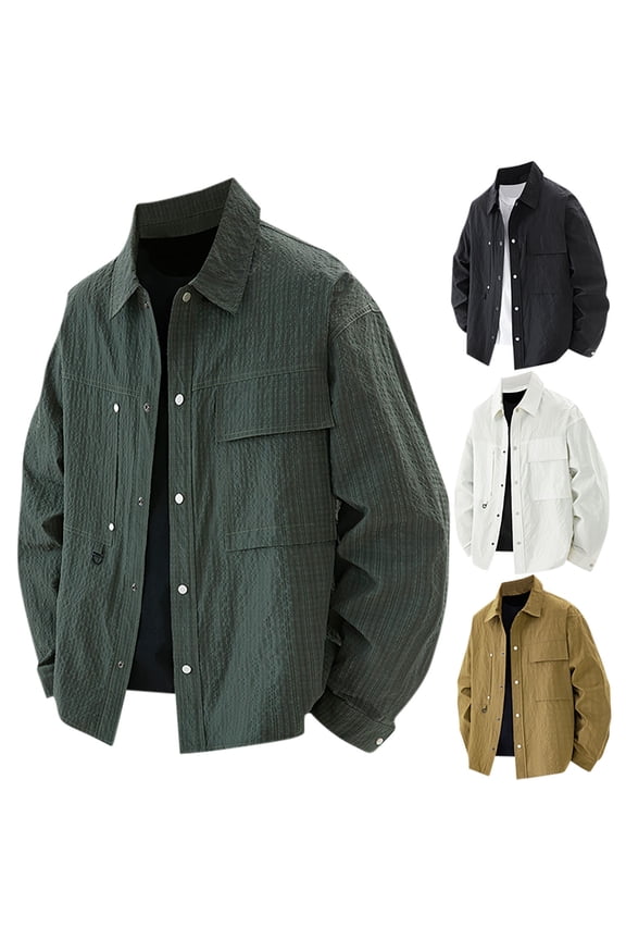 Men's Fashion Thin Solid Color Long Sleeve Collar Button Pocket Large Coat Packable Outdoor Hooded Windbreaker Insulated Mountain jackets Army Green L