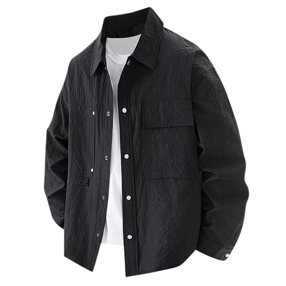 Kmdttou Men's Fashion Thin Solid Color Long Sleeve Collar Button Pocket Large Coat Packable Outdoor Hooded Windbreaker Insulated Mountain jackets Black 3XL