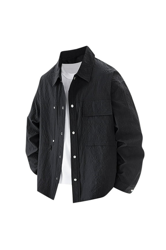 Men's Fashion Thin Solid Color Long Sleeve Collar Button Pocket Large Coat Packable Outdoor Hooded Windbreaker Insulated Mountain jackets Black 4XL