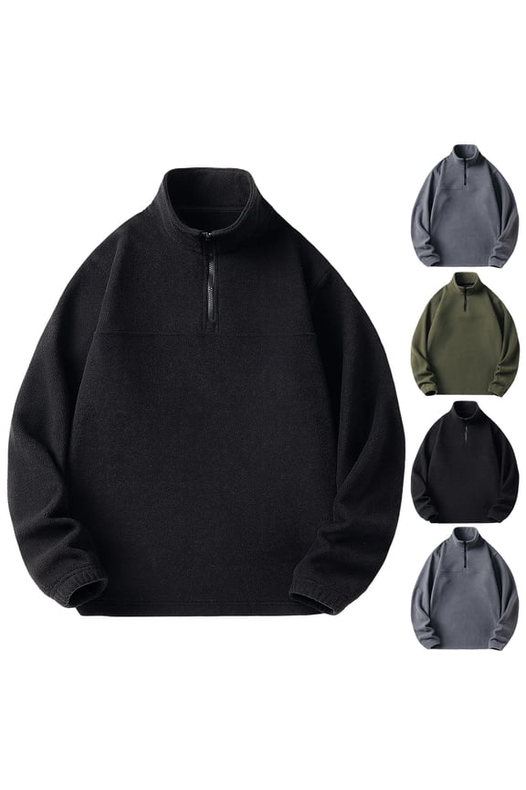 Men's Fleece-lined Windproof Jackets Personalized Stand Up Collar Tactical Hoodie Warm And Loose Solid Color With Velvet Knit Sweater Extreme Cold Weather Gear Black XL