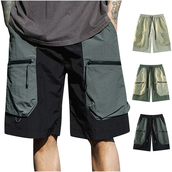 Kmdttou Men's Hiking Cargo Shorts 9" Lightweight Summer Casual Solid Color Portable Fashion Pockets Drawstring Elastic Waist Zipper Comfortable Shorts Cargo Pant (Available in Plus Size)