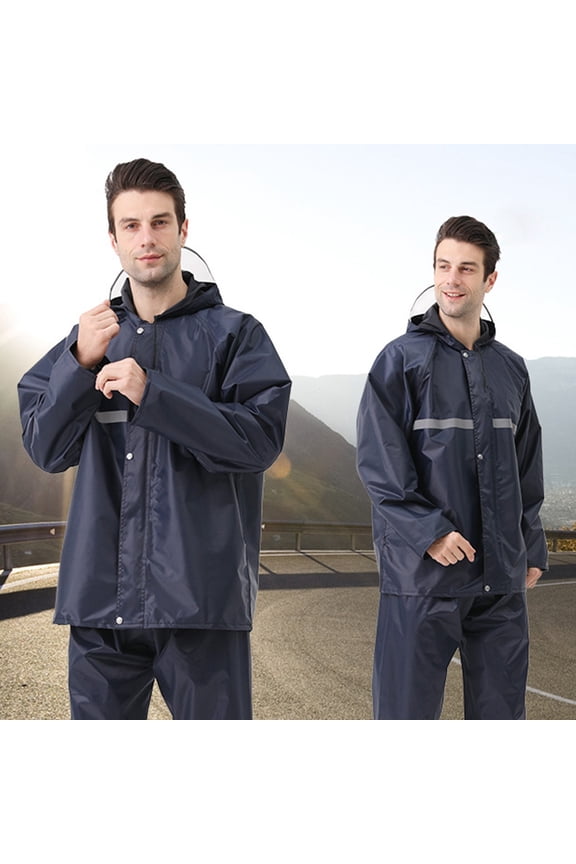 Men's Rain Jacket Waterproof with Hooded Hiking Coat Reflective Raincoat And Rain Pants Set Navy 3XL