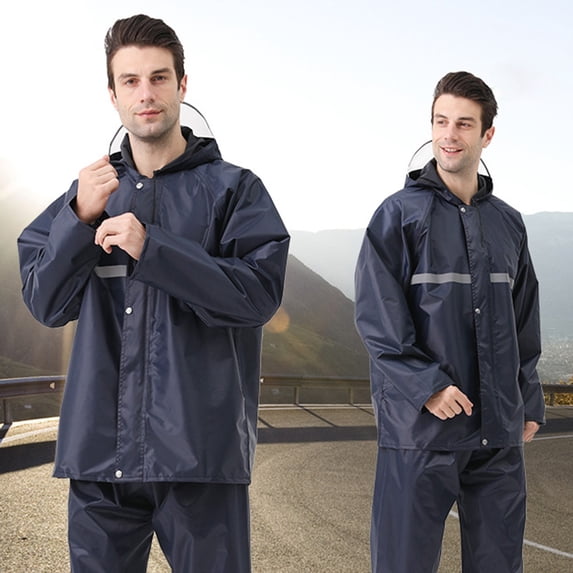 Kmdttou Men's Rain Jacket Waterproof with Hooded Hiking Coat Reflective Raincoat And Rain Pants Set Navy L