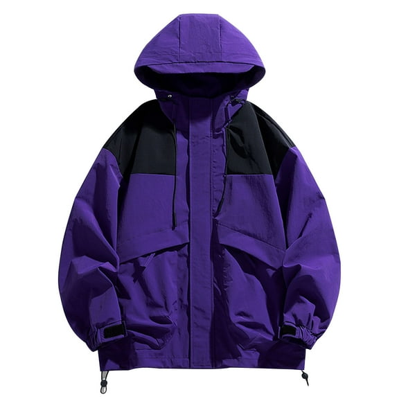 Kmdttou Men's Rain Jacket Waterproof with Hooded Hiking Coat Warm Winter Snow Coat Mountain Windbreaker Hooded Raincoat Jacket Purple L