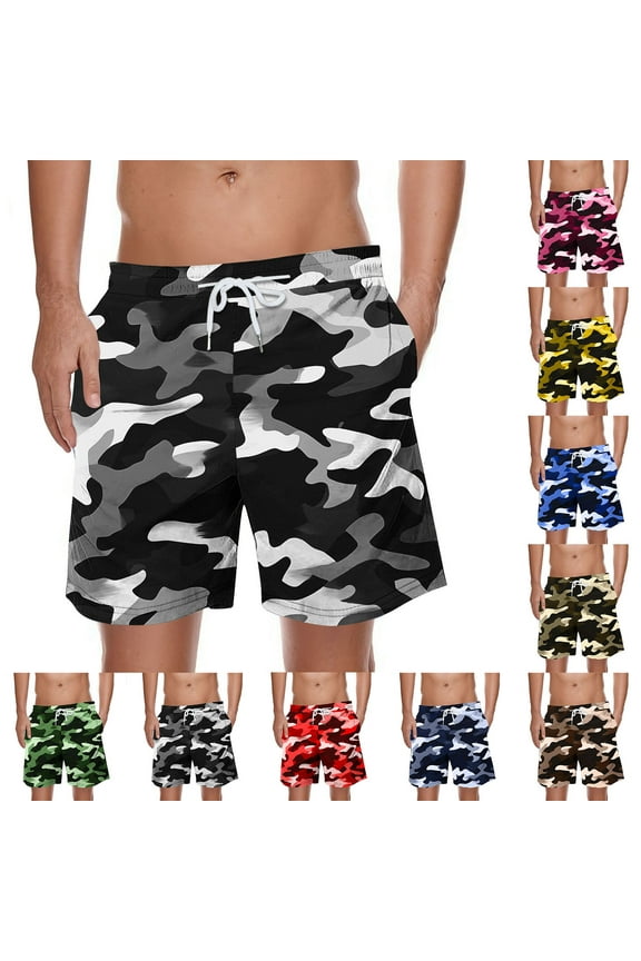 Men's Shorts Athletic Sports Shorts Beach Pants Elastic Waist Drawstring Pockets Casual Camouflage Print Knee Length Shorts (Available in Plus Size)