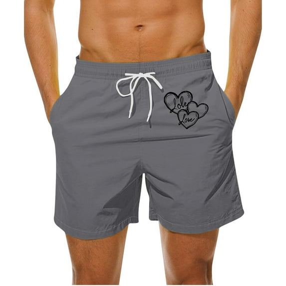 Kmdttou Men's Shorts Casual Fashionable And Casual Heart-Shaped Printed Drawstring Pocket Beach Shorts (Available in Big & Tall)