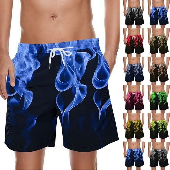 Kmdttou Men's Shorts Casual Sports Shorts Beach Pants Elastic Waist Drawstring Pockets Casual Flame Print Knee Length Shorts (Available in Big & Tall)