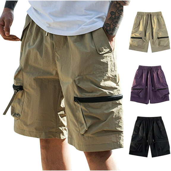 Kmdttou Men's Shorts Casual Summer Casual Solid Color Portable Fashion Pockets Drawstring Elastic Waist Zipper Comfortable Shorts Cargo Pant (Available in Plus Size)