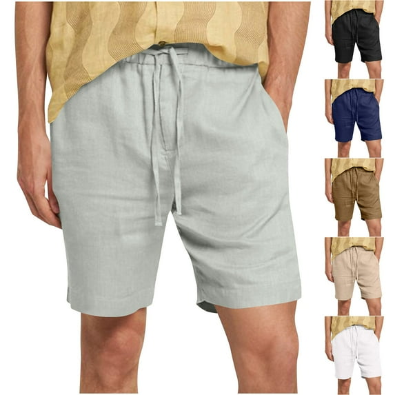 Kmdttou Men's Shorts Pack Muscle Casual Shorts Imitation Cotton And Linen Texture Shorts Solid Color Tied Five Quarter Pants Thin Shorts (Available in Plus Size)