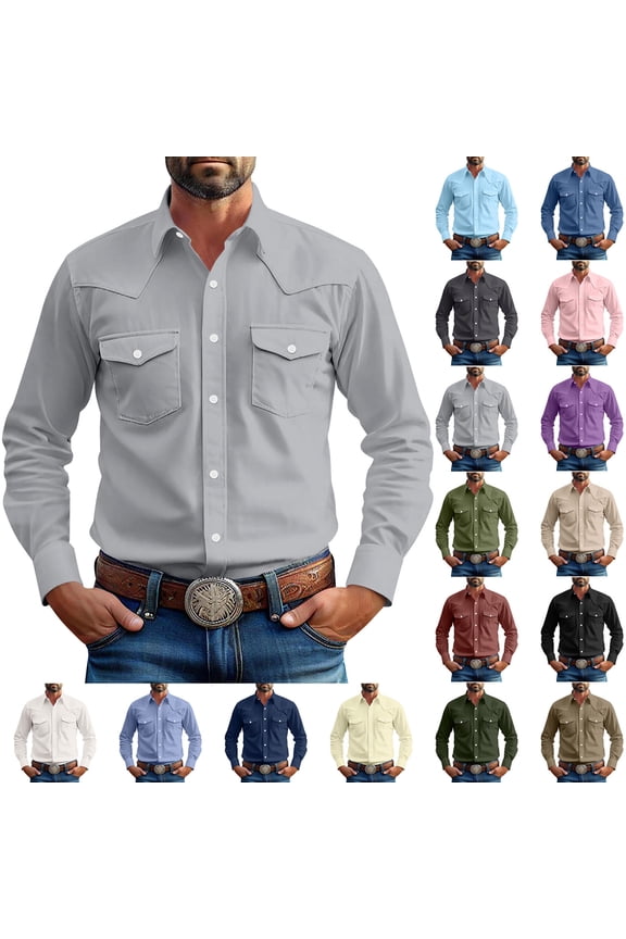 Men's Solid Color Long Sleeve Button-Down Dress Shirt with Pocket - Vintage Work Casual Business Shirt with Turndown Collar