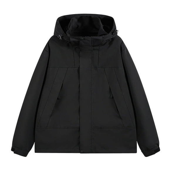 Kmdttou Men's Windproof Jacket Waterproof with Hood Packable Outdoor Hooded Windbreaker Insulated Mountain jackets Black S