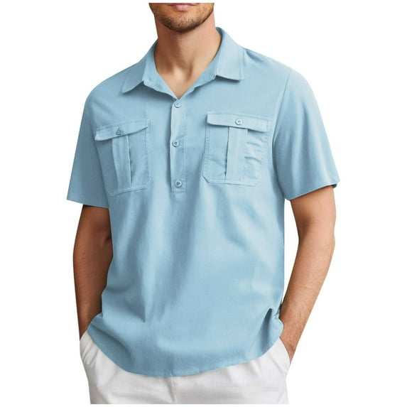 Kmdttou Mens 2025 Fashion Casual Front Placket Basic Short Sleeve T-Shirts Casual Solid-Color Button Pocket Short Sleeve Turndown T Shirt (Size:S-5XL)