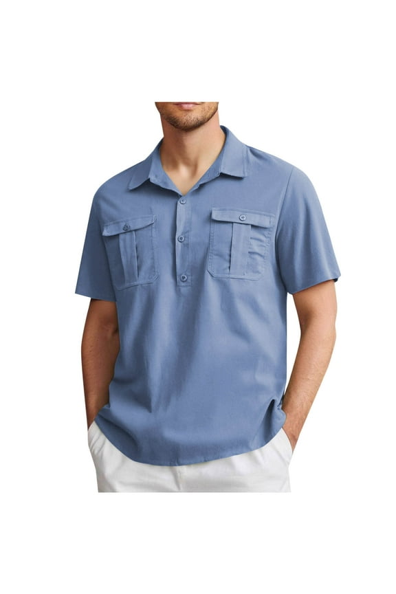 Mens 2025 Fashion Casual Front Placket Basic Short Sleeve T-Shirts Casual Solid-Color Button Pocket Short Sleeve Turndown T Shirt (Size:S-5XL)