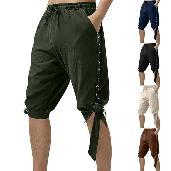 Kmdttou Mens Plus Size Drying Tight Elastic Comfortable Fitness Capris Yoga Pants with Pockets New Casual Cotton And Linen Ankle Strap Mid Length Pants Medieval Pirate Pants