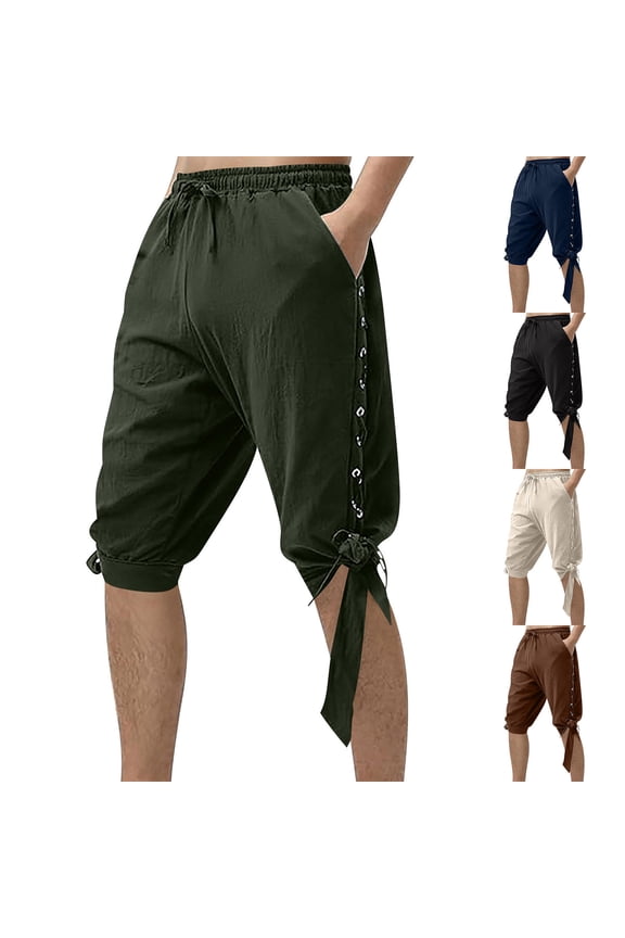 Mens Plus Size Drying Tight Elastic Comfortable Fitness Capris Yoga Pants with Pockets New Casual Cotton And Linen Ankle Strap Mid Length Pants Medieval Pirate Pants