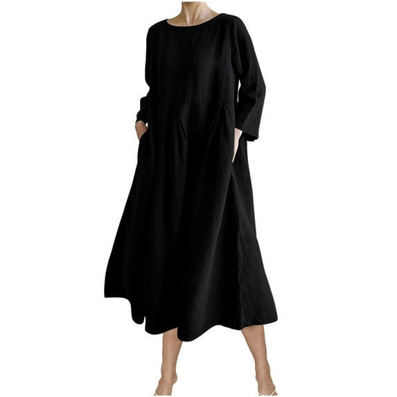 Kmdttou New Women's Summer Medium Long Sleeved Solid Color Linen Round Neck Long Dress,Fashionable Casual Dresses for Women 2025