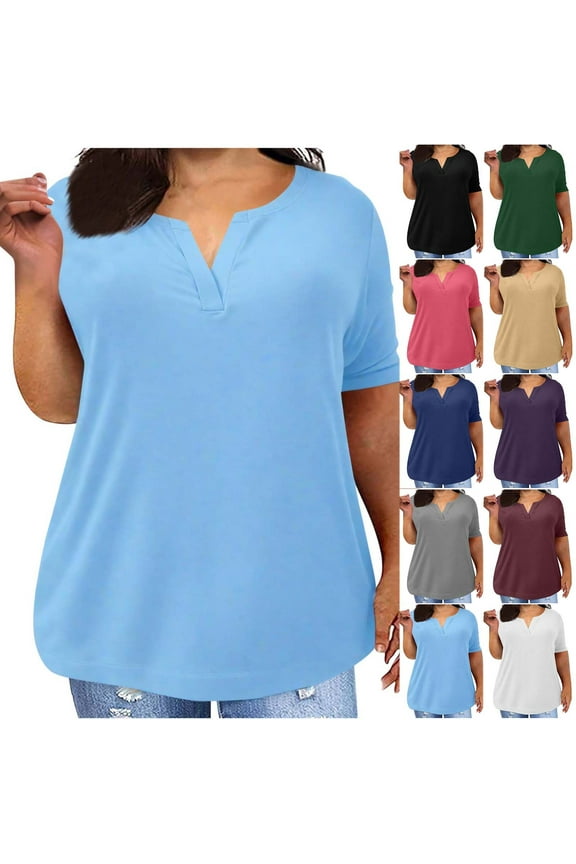 Plus Size Spring/Fall Clothes for Women Solid Color Textured Pocket Short Sleeved Round Neck Loose Save to 65% off!