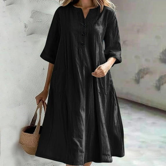 Kmdttou Plus Size Summer Dress for Women's Solid Color Short Sleeved Button Round Neck Mid Length Dress