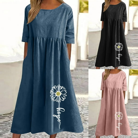 Kmdttou Plus Size Summer Dress for Women's Spring And Summer Round Neck Printed Cotton And Linen Casual Short Sleeved Dress