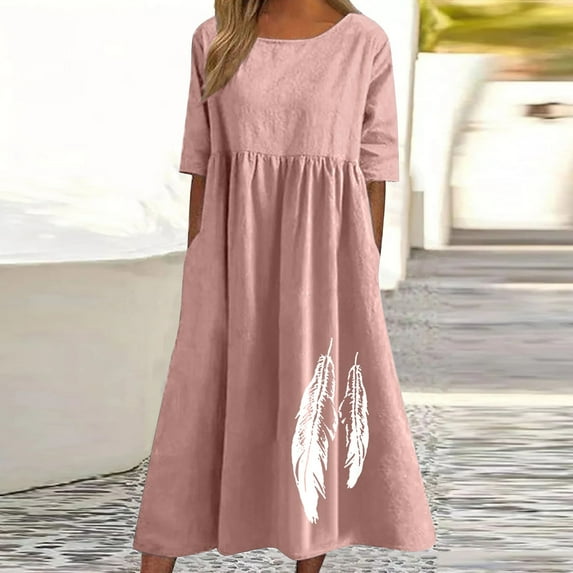 Kmdttou Plus Size Summer Dress for Women's Spring And Summer Round Neck Printing Cotton And Linen Casual Short Sleeved Dress