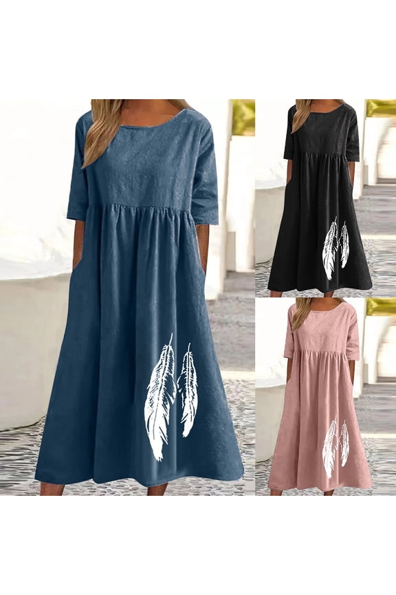 Plus Size Summer Dress for Women's Spring And Summer Round Neck Printing Cotton And Linen Casual Short Sleeved Dress