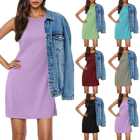 Kmdttou Plus Size Summer Dresses for Women 2025 Fashion Solid Sexy Round Neck Sleeveless Dresses Casual Comfortable All Occasion Beach Sundress with Pockets Gift for Women