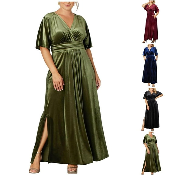 Kmdttou Plus Size Women's and Women's Plus Velvet Dress Women's Short Sleeved V-neck Waist Cinched Solid Color Velvet Long Skirt Dress