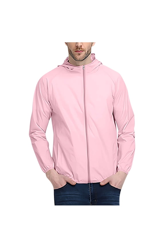 Rain Jacket for Men, Thin Sports Multi-bag Casual Loose Mountaineering Tooling Outdoor Long Sleeve Hooded Casual Outwear Jackets Pink XL