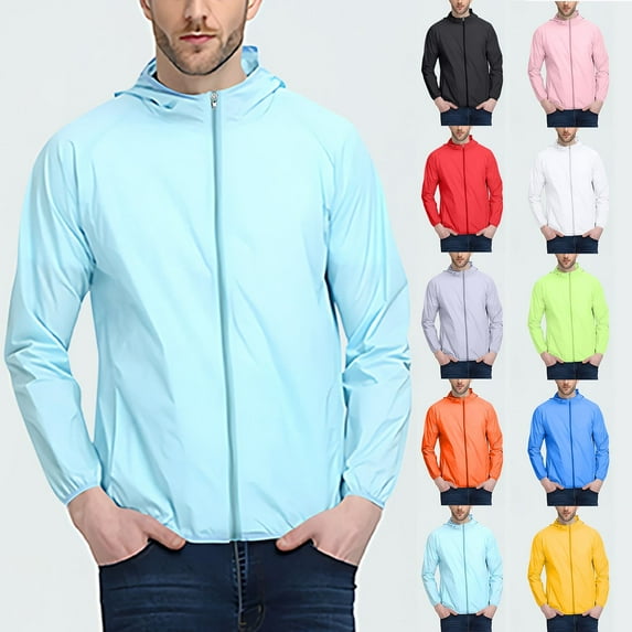 Kmdttou Rain Jacket for Men, Thin Sports Multi-bag Casual Loose Mountaineering Tooling Outdoor Long Sleeve Hooded Casual Outwear Jackets Sky Blue L