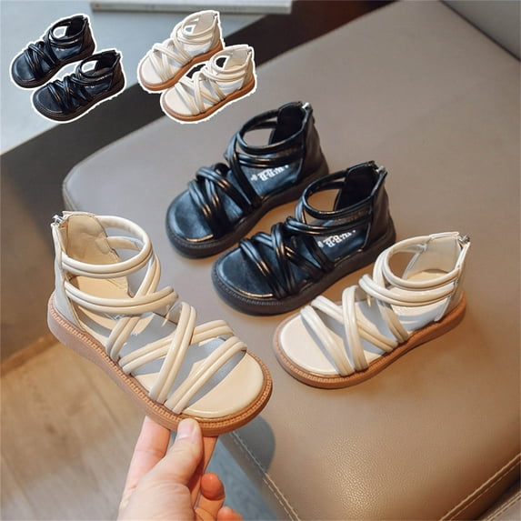 Kmdttou Sandals Flat Toddler Shoes Baby Girls Cute Weave Hollow Out Non-slip Soft Sole Beach Roman Sandals on Clearance(Size:23-35)