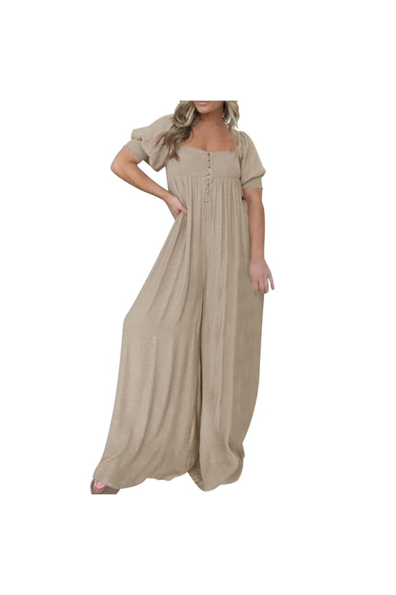 Set Sweatsuits Tracksuits for Women'S Solid Color Short-Sleeved Casual Wide-Leg Jumpsuit With Button Pockets on Clearance!