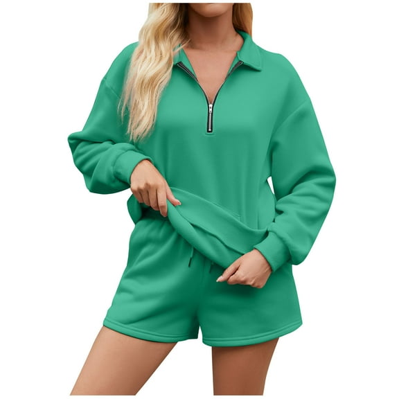 Kmdttou Set Sweatsuits Tracksuits for Women's Solid Color Half Zipper Lapel Sweatshirt With Pocket And Short Pants Two-piece Set on Clearance!