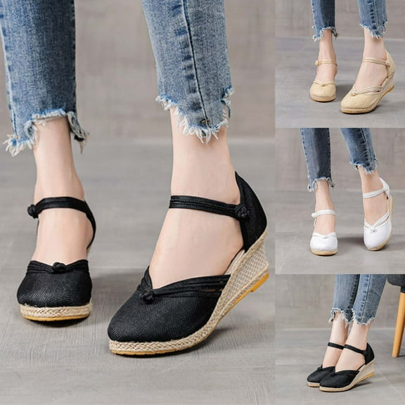 Kmdttou Shoes for Women Closed Toe Wedges Shoes Platform Slingback Mid Low Heel Canvas Dress Sandals With Comfortable Plantar Fasciitis Arch Support(Size:35-42)