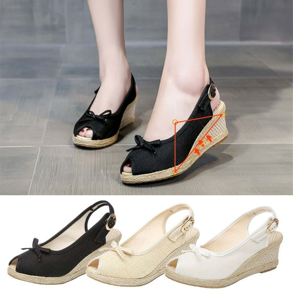 Kmdttou Shoes for Women High Heels Shoes Linen Straw Sandals Wedges Casual Canvas Dress Slippers With Comfortable Plantar Fasciitis Arch Support(Size:35-42)