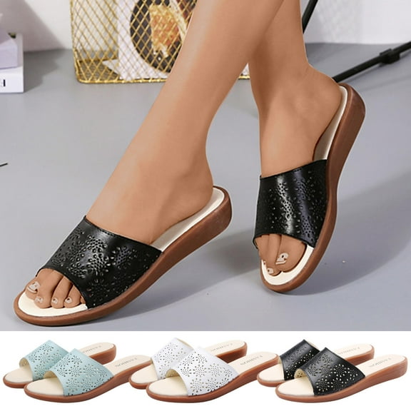 Kmdttou Shoes for Women Hollow Out Slippers Casual Home Sandals Slotted Comfort Flat Bottom Mules With Comfortable Plantar Fasciitis Arch Support(Size:35-41)
