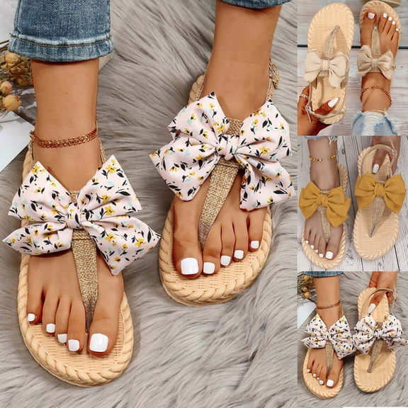 Kmdttou Shoes Women Preppy Outdoors T-strap Flat Sandals For , Bow Decor Polyester Toe Post Flat Sandals With Comfortable Plantar Fasciitis Arch Support(Size:35-41)