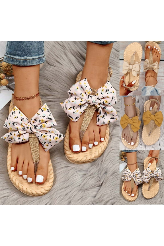 Shoes Women Preppy Outdoors T-strap Flat Sandals For , Bow Decor Polyester Toe Post Flat Sandals With Comfortable Plantar Fasciitis Arch Support(Size:35-41)