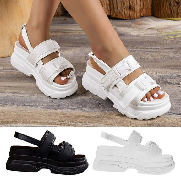 Kmdttou Shoes for Women Sandals Fashion Round-toe Solid Color Sandals Thick Bottom Buckle Casual Sandals With Comfortable Plantar Fasciitis Arch Support(Size:35-43)