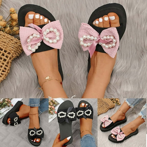 Kmdttou Shoes for Women Sandals Fashion Shoes Casual Round Toe Wedge Heel Slippers Bowknot Beach Sandals With Comfortable Plantar Fasciitis Arch Support(Size:35-42)