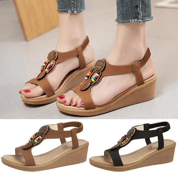 Kmdttou Shoes for Women Sandals Fashion Wedge Sandals Ethnic Style Thick Bottom Solid Color Sandals With Comfortable Plantar Fasciitis Arch Support(Size:35-40)