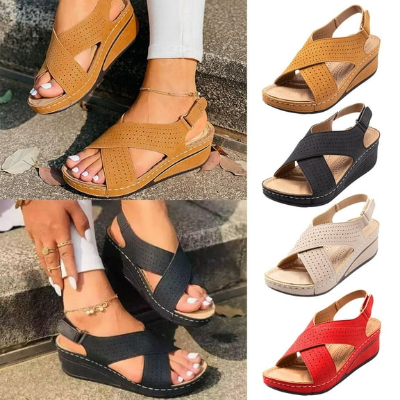 Kmdttou Shoes for Women Sandals Flat Summer Shoes Wedge Heel Retro Hollow Out Casual Sandals With Comfortable Plantar Fasciitis Arch Support(Size:35-43)