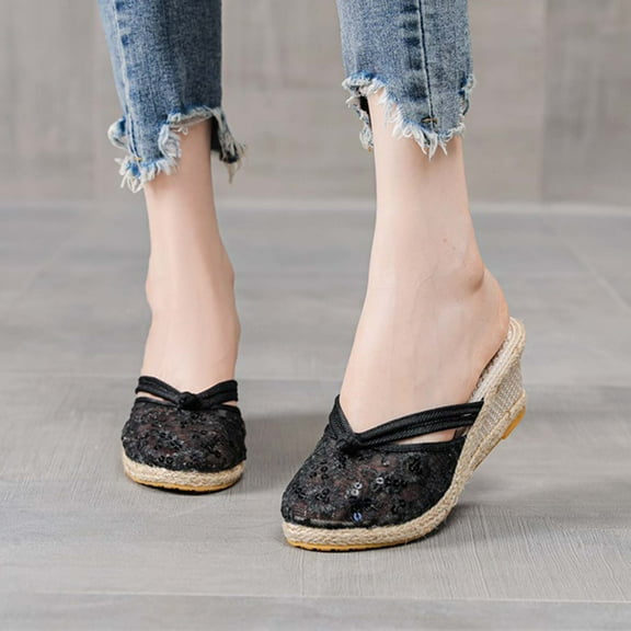 Kmdttou Shoes for Women Sandals High Heels Shoes Linen Straw Sandals Wedges Casual Dress Lace Slippers With Comfortable Plantar Fasciitis Arch Support(Size:35-42)