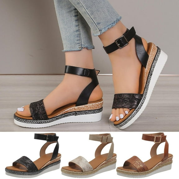 Kmdttou Shoes Women Slope Heel One Line Buckle Mules Middle Heel Slippers Roman Sandals With Comfortable Plantar Fasciitis Arch Support(Size:36-43)