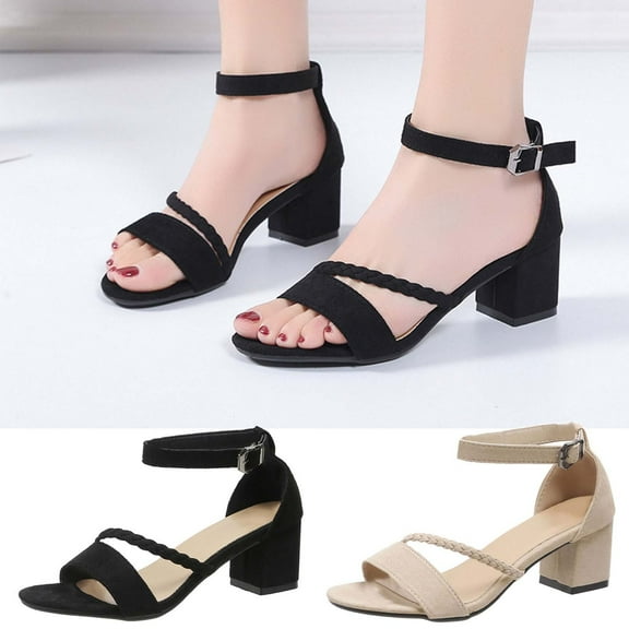 Kmdttou Shoes for Women Summer Casual Round-toe Sandals Middle Heel Chunky Heel Metal Buckle Sandals With Comfortable Plantar Fasciitis Arch Support(Size:35-40)